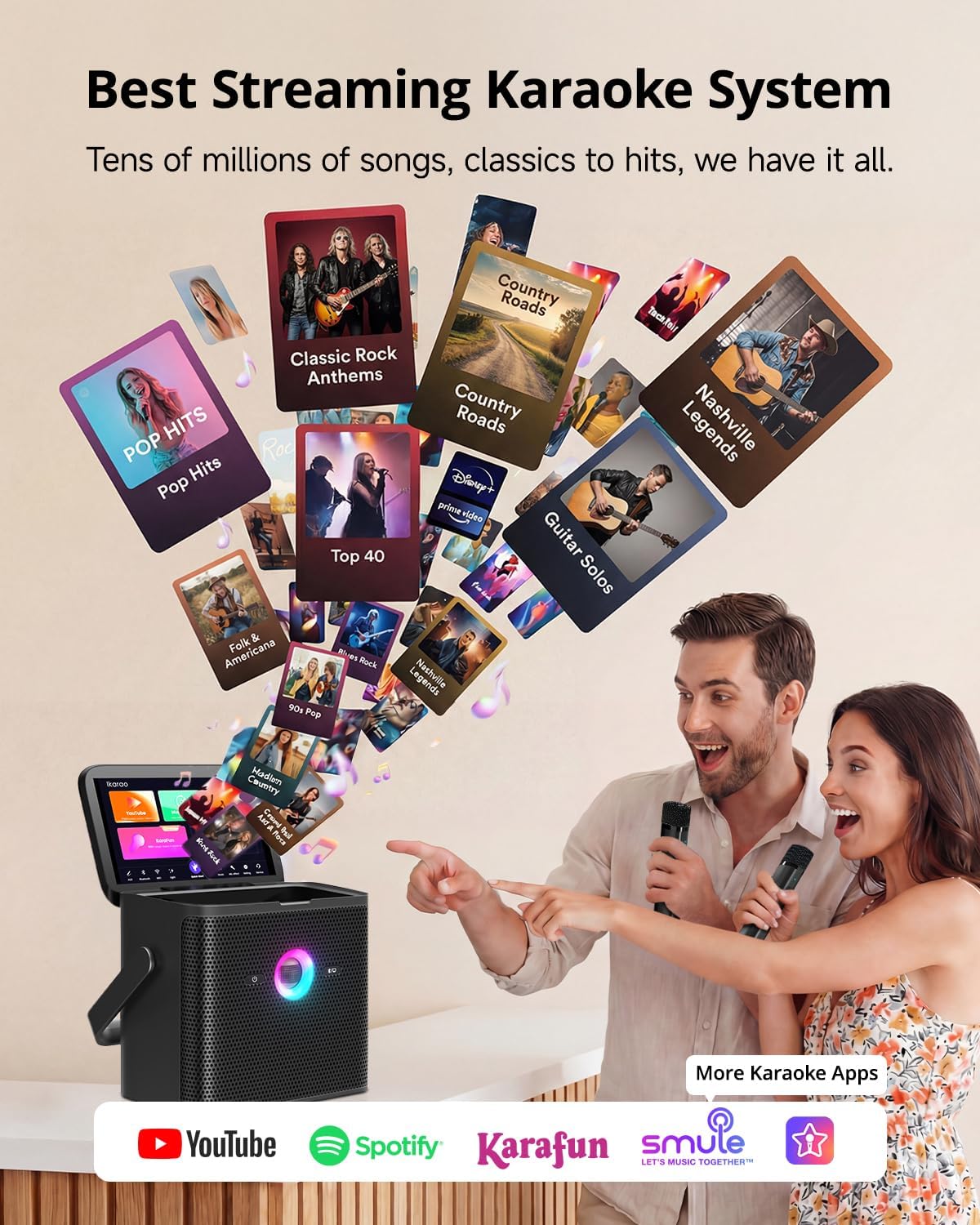 Ikarao Shell S3 PRO Karaoke Machine Bundle with Rechargeable Disco Ball Party Light for Adults & Kids, 7" Screen, 2 Wireless Microphones, 80W Speaker, Autotune & Echo, HDMI, 6-Month KaraFun