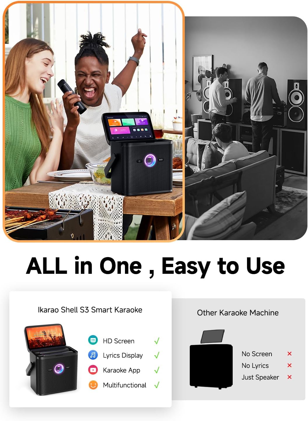 Ikarao Shell S3 PRO Karaoke Machine Bundle with Rechargeable Disco Ball Party Light for Adults & Kids, 7" Screen, 2 Wireless Microphones, 80W Speaker, Autotune & Echo, HDMI, 6-Month KaraFun
