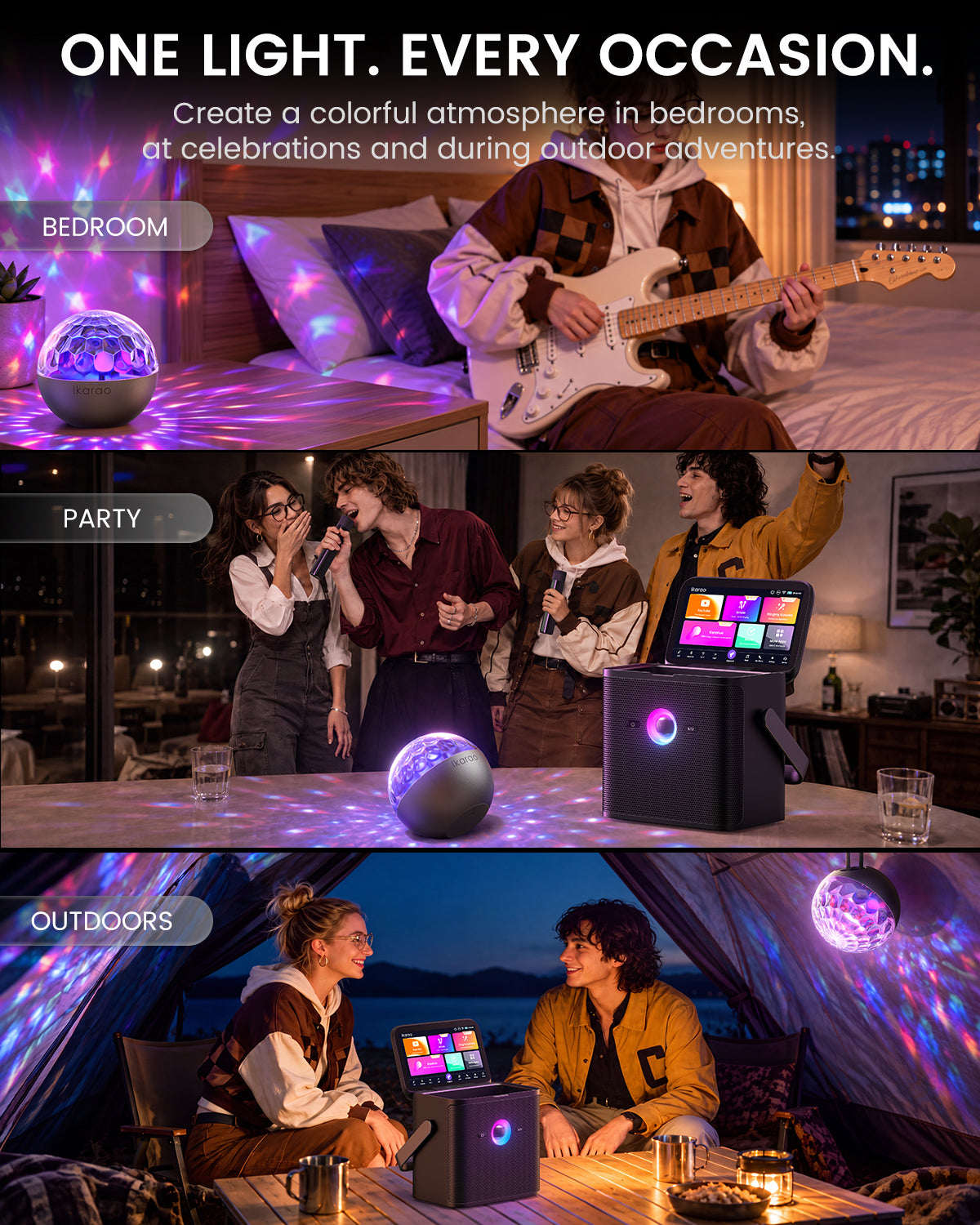Ikarao Shell S3 PRO Karaoke Machine Bundle with Rechargeable Disco Ball Party Light for Adults & Kids, 7" Screen, 2 Wireless Microphones, 80W Speaker, Autotune & Echo, HDMI, 6-Month KaraFun