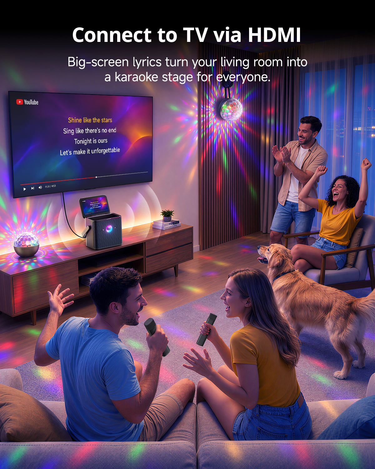 Ikarao Shell S3 PRO Karaoke Machine Bundle with Rechargeable Disco Ball Party Light for Adults & Kids, 7" Screen, 2 Wireless Microphones, 80W Speaker, Autotune & Echo, HDMI, 6-Month KaraFun