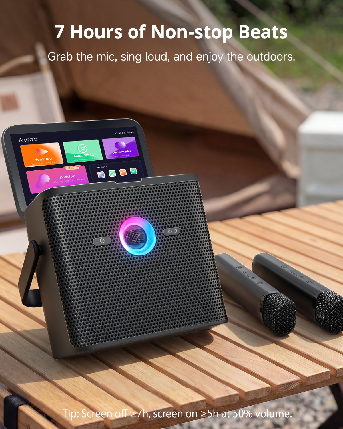 Ikarao Shell S3 PRO Karaoke Machine Bundle with Rechargeable Disco Ball Party Light for Adults & Kids, 7" Screen, 2 Wireless Microphones, 80W Speaker, Autotune & Echo, HDMI, 6-Month KaraFun